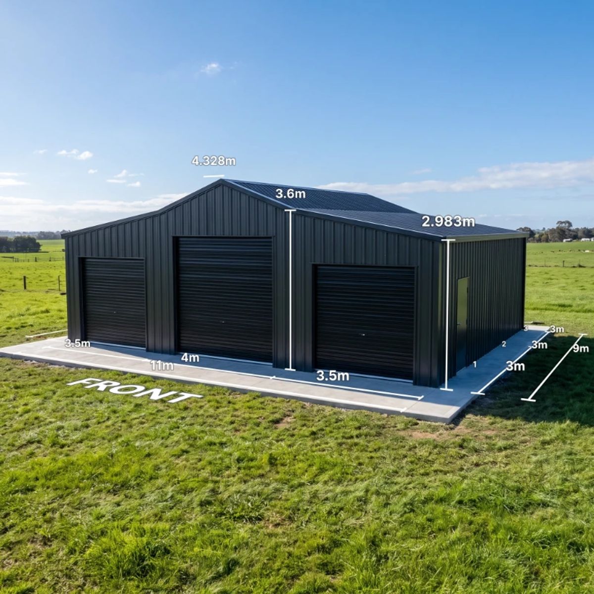 Australian barn in Monument and Night Sky with three roller doors on an 11x9m concrete slab.