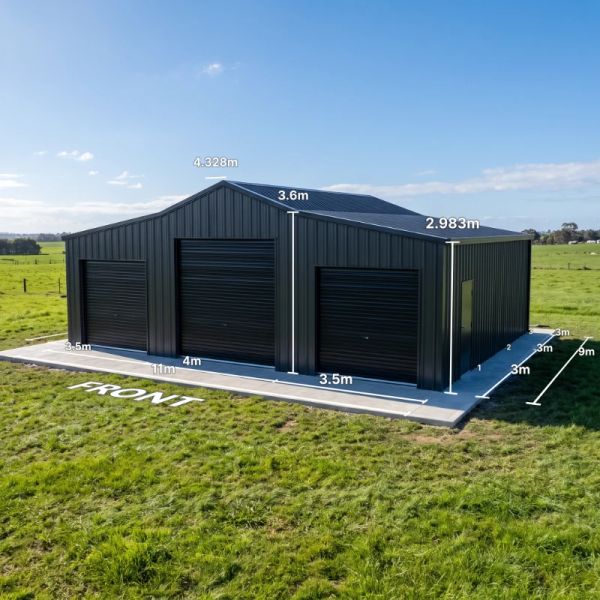 Australian barn in Monument and Night Sky with three roller doors on an 11x9m concrete slab.