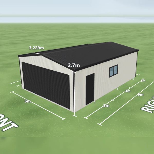 Shed kit in Surfmist and Monument, one Monument roller door 5.3 m wide on the front, one PA door on the rear and one PA door and one window on the right side, on a 6 by 9 metre slab.
