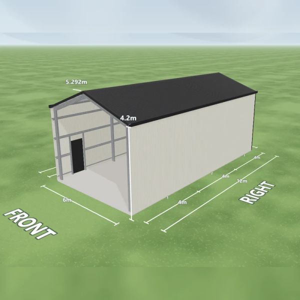 Boat shed in Surfmist and Monument, one PA door on the left side and an open front end, on a 6 by 12 metre slab.