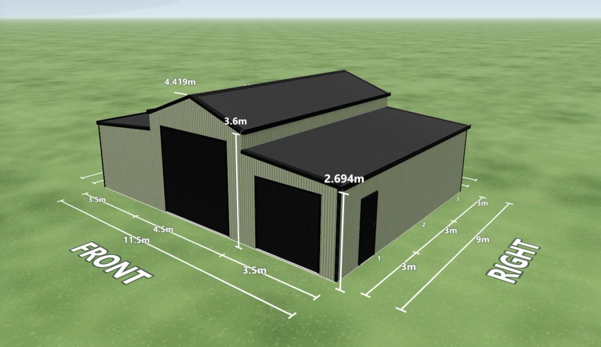 Caravan shed 4.5 m wide by 9 m long with 3.6 m walls, one Night Sky roller door 3.3 m wide on the front, one Night Sky roller door 2.4 m wide on the right awning end, one PA door on the right side, a 3.5 m enclosed awning down the left side and a 3.5 m enclosed awning down the right side, Pale Eucalypt walls and a Monument American barn roof, shown in the Shed Designer 3D configurator.