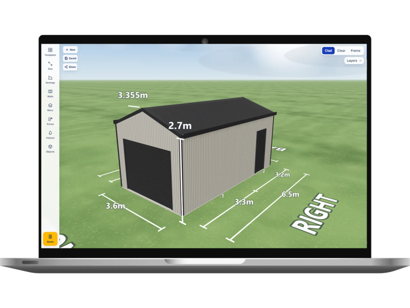 Laptop showing the Shed Designer 3D configurator with a single garage 3.6 m wide by 6.5 m long with 2.7 m walls, one Monument roller door on the front gable end, a PA door on the right side and a rear window, Dune walls and a Monument roof.