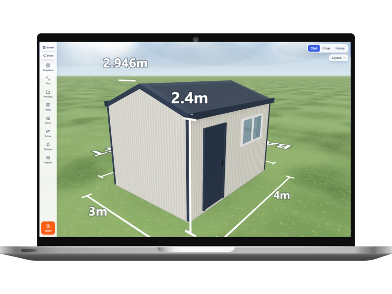 Laptop showing the Shed Designer 3D configurator with a garden shed 3 m wide by 4 m long with 2.4 m walls, one PA door on the left side and one PA door and one window on the right side, Surfmist walls and a Deep Ocean gable roof.