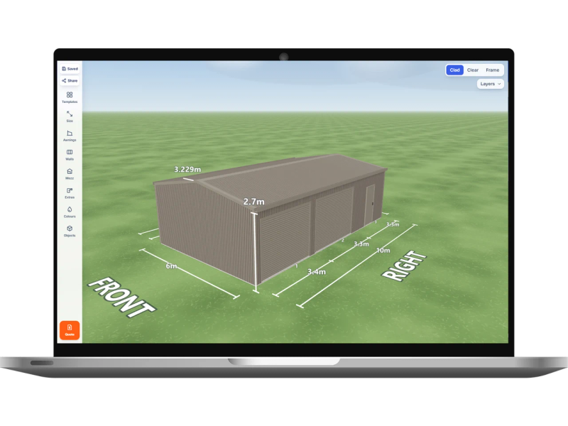 Laptop showing the Shed Designer 3D configurator with a Gully shed 6 m wide by 10 m long with 2.7 m walls, two Gully roller doors and one PA door on the right side, Gully walls and a Gully gable roof.