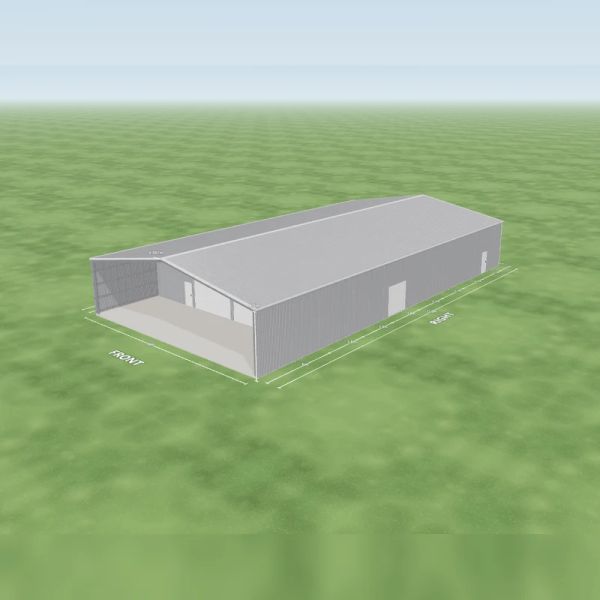 Grain storage shed in Zincalume and Zincalume, two Zincalume roller doors 4.2 m wide and one PA door on the internal wall, one Zincalume roller door 2.4 m wide and one PA door on the right side and an open front end, on a 18 by 33.8 metre slab.