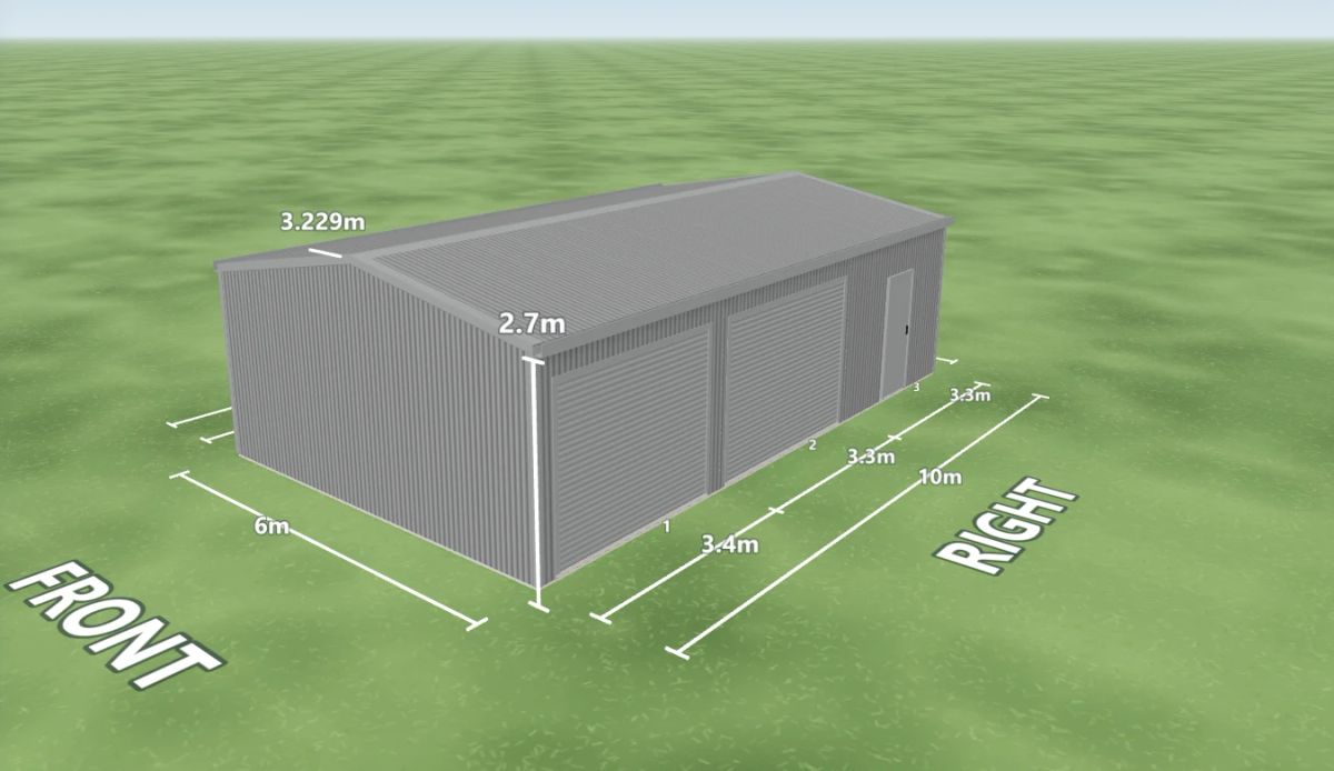 Windspray shed 6 m wide by 10 m long with 2.7 m walls, two Windspray roller doors and one PA door on the right side, Windspray walls and a Windspray gable roof, shown in the Shed Designer 3D configurator.