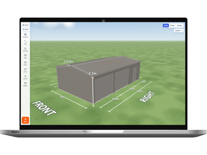 Laptop showing the Shed Designer 3D configurator with a Wallaby shed 6 m wide by 10 m long with 2.7 m walls, two Wallaby roller doors and one PA door on the right side, Wallaby walls and a Wallaby gable roof.