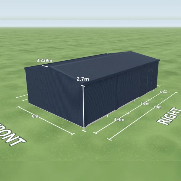 Deep Ocean shed in Deep Ocean and Deep Ocean, two Deep Ocean roller doors and one PA door on the right side, on a 6 by 10 metre slab.