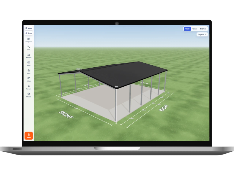 Laptop showing the Shed Designer 3D configurator with a covers and shelter 15 m wide by 18 m long with 5 m walls, an open front end, an open rear end, five open bays on the left side and five open bays on the right side, Woodland Grey walls and a Monument gable roof.