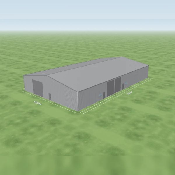 Large shed in Bluegum and Bluegum, two Basalt roller doors, two PA doors and two windows on the right side, one Basalt roller door 5 m wide and one PA door on the front and one PA door on the left side, on a 24 by 40 metre slab.