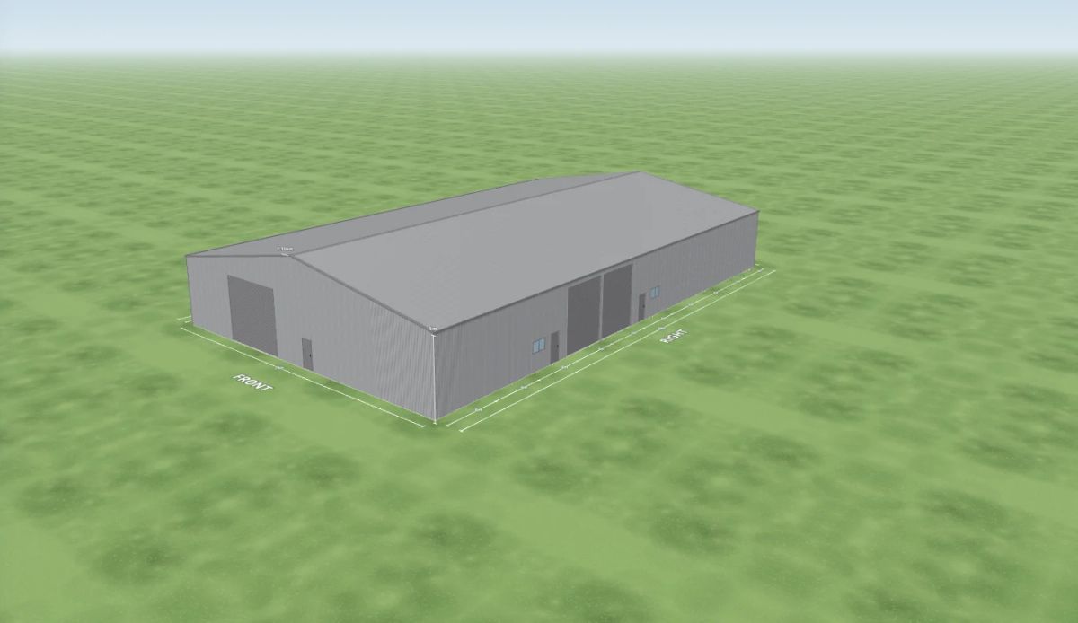 Large shed 24 m wide by 40 m long with 5 m walls, two Basalt roller doors, two PA doors and two windows on the right side, one Basalt roller door 5 m wide and one PA door on the front and one PA door on the left side, Bluegum walls and a Bluegum gable roof, shown in the Shed Designer 3D configurator.