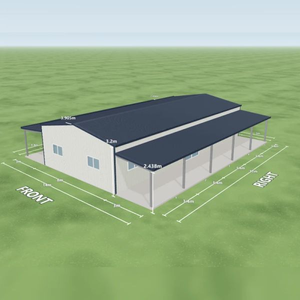 Class 1a liveable shed in Dover White and Deep Ocean, one sliding door and four windows on the right side, two windows on the front, a 3 m open awning down the left side and a 3 m open awning down the right side, on a 8 by 17 metre slab.