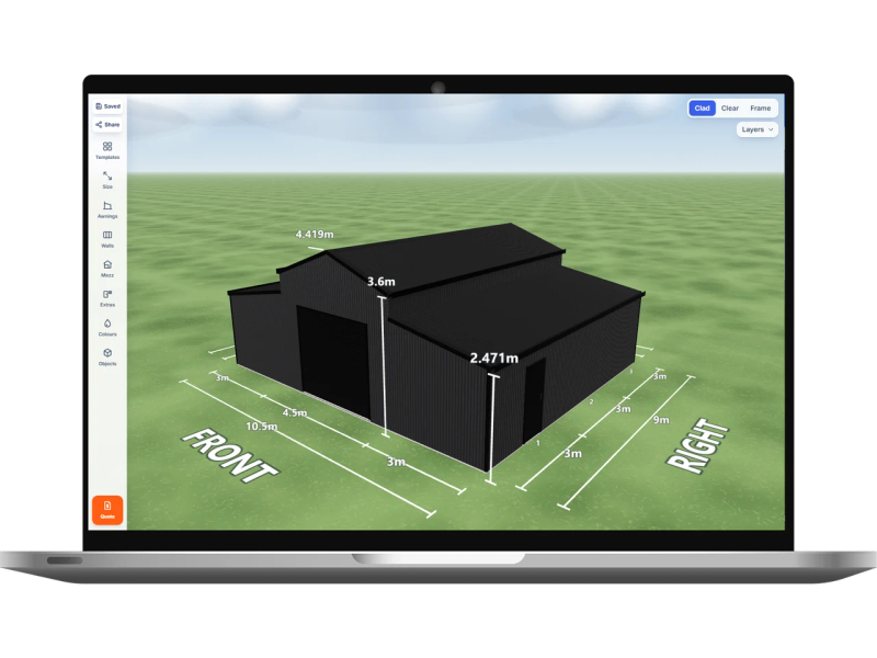 Laptop showing the Shed Designer 3D configurator with a american barn 4.5 m wide by 9 m long with 3.6 m walls, one Night Sky roller door 3 m wide on the front, one PA door on the left side, one PA door on the right side, a 3 m enclosed awning down the left side and a 3 m enclosed awning down the right side, Monument walls and a Night Sky American barn roof.