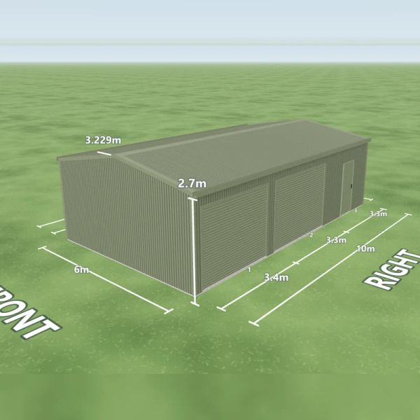 Pale Eucalypt shed in Pale Eucalypt and Pale Eucalypt, two Pale Eucalypt roller doors and one PA door on the right side, on a 6 by 10 metre slab.