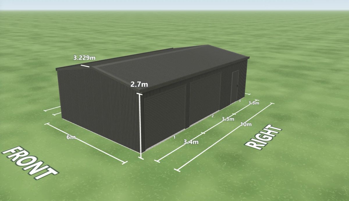 Woodland Grey shed 6 m wide by 10 m long with 2.7 m walls, two Woodland Grey roller doors and one PA door on the right side, Woodland Grey walls and a Woodland Grey gable roof, shown in the Shed Designer 3D configurator.