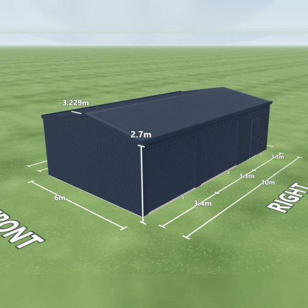 Ironstone shed in Deep Ocean and Deep Ocean, two Deep Ocean roller doors and one PA door on the right side, on a 6 by 10 metre slab.