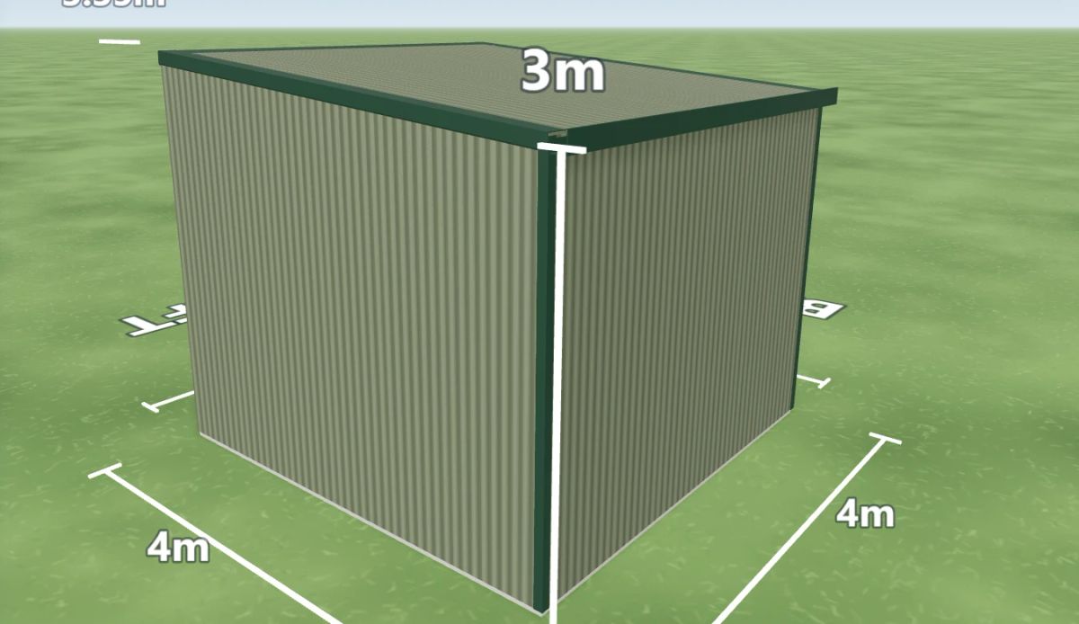 Horse paddock shelters and cover 4 m wide by 4 m long with 3 m walls, one open bay on the left side, Pale Eucalypt walls and a Pale Eucalypt skillion roof, shown in the Shed Designer 3D configurator.