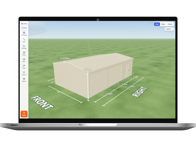 Laptop showing the Shed Designer 3D configurator with a Classic Cream shed 6 m wide by 10 m long with 2.7 m walls, two Classic Cream roller doors and one PA door on the right side, Classic Cream walls and a Classic Cream gable roof.
