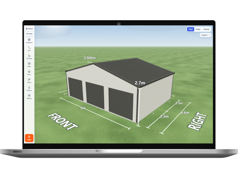 Laptop showing the Shed Designer 3D configurator with a triple garage 9 m wide by 6.6 m long with 2.7 m walls, three Woodland Grey roller doors 2.4 m wide on the front and one PA door on the rear, Surfmist walls and a Woodland Grey gable roof.