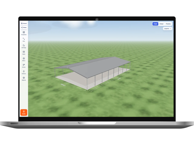 Laptop showing the Shed Designer 3D configurator with a school covers and shelter shed 24 m wide by 40 m long with 5 m walls, an open front end, an open rear end, eight open bays on the left side and eight open bays on the right side, Bluegum walls and a Bluegum gable roof.