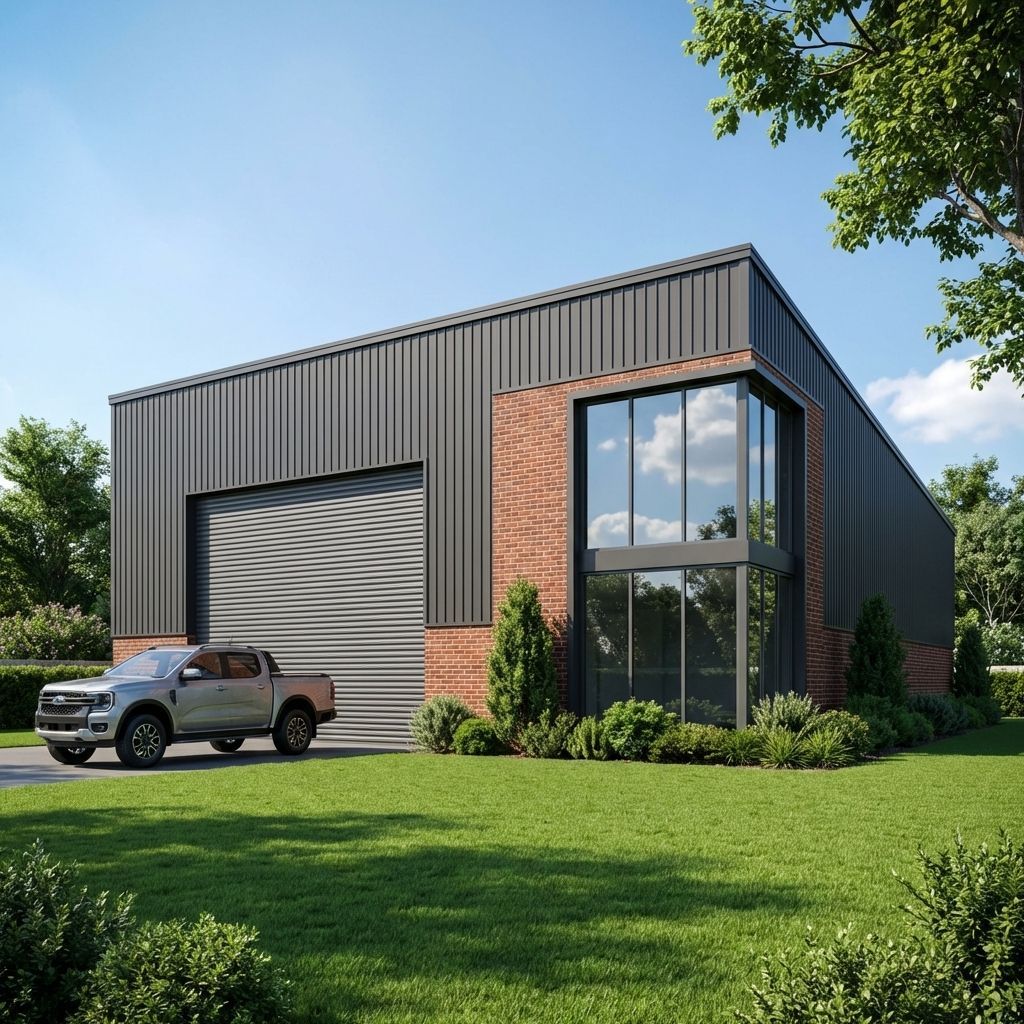 Modern workshop with Monument metal cladding, red brick accents, and a large glass window facade under a skillion roof.
