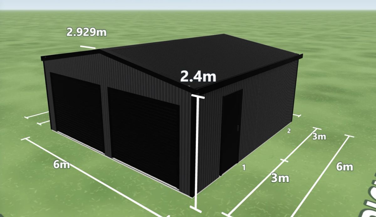 Double garage 6 m wide by 6 m long with 2.4 m walls, two Night Sky roller doors on the front and one PA door on the right side, Monument walls and a Night Sky gable roof, shown in the Shed Designer 3D configurator.