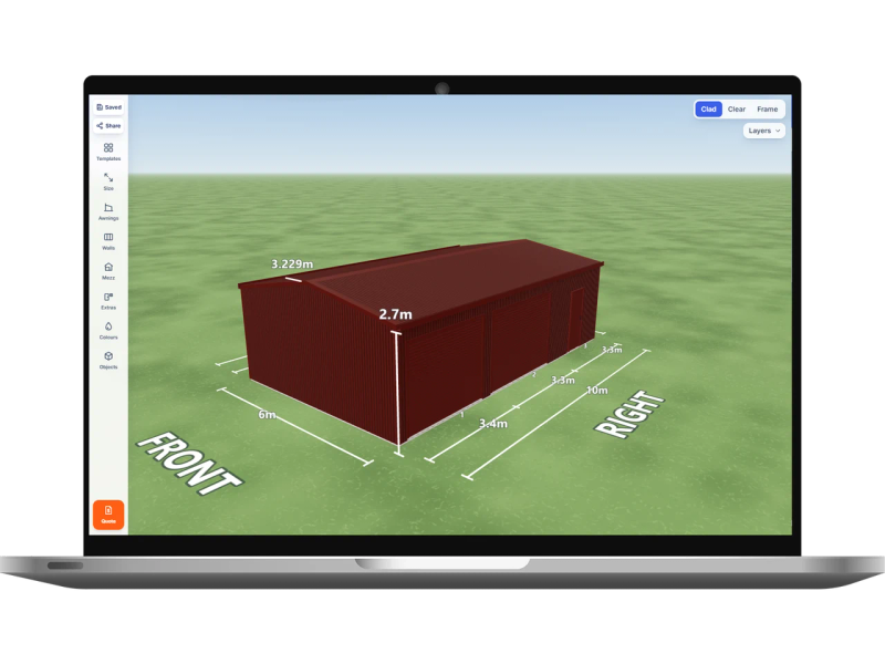 Laptop showing the Shed Designer 3D configurator with a Manor Red shed 6 m wide by 10 m long with 2.7 m walls, two Manor Red roller doors and one PA door on the right side, Manor Red walls and a Manor Red gable roof.