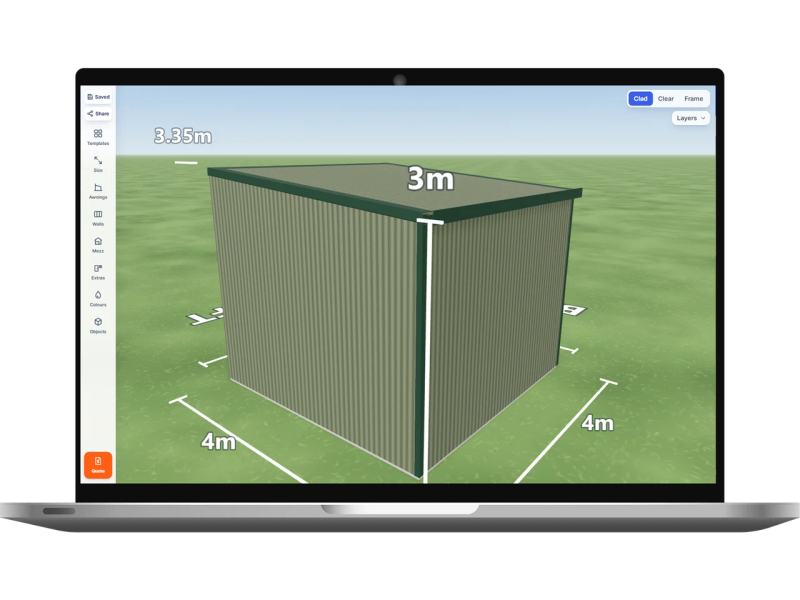 Laptop showing the Shed Designer 3D configurator with a horse paddock shelters and cover 4 m wide by 4 m long with 3 m walls, one open bay on the left side, Pale Eucalypt walls and a Pale Eucalypt skillion roof.