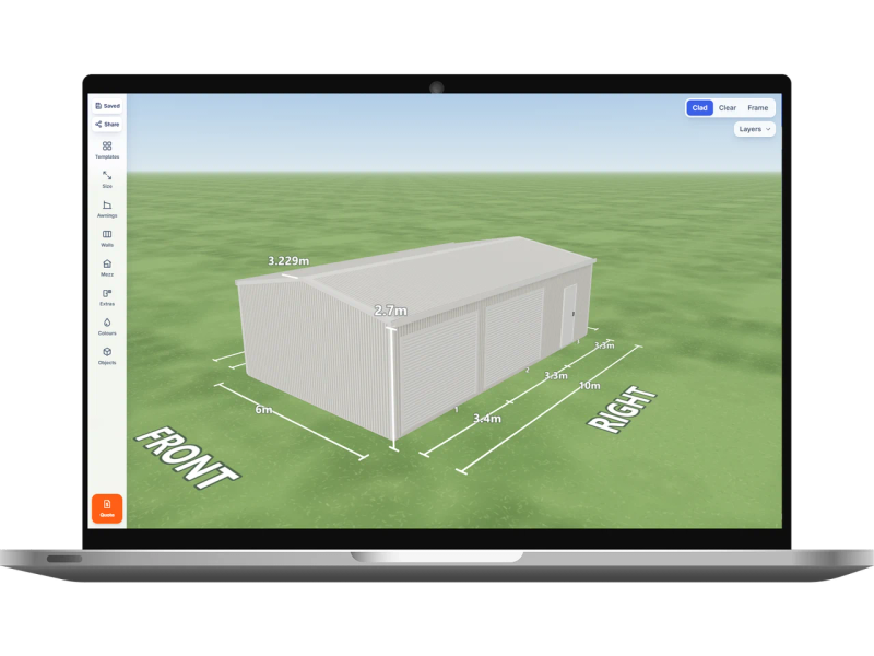 Laptop showing the Shed Designer 3D configurator with a Southerly shed 6 m wide by 10 m long with 2.7 m walls, two Southerly roller doors and one PA door on the right side, Southerly walls and a Southerly gable roof.