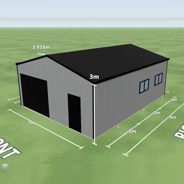 Garage with workshop in Windspray and Night Sky, one Night Sky roller door and a PA door on the front gable end and two windows along the right side workshop wall, on a 7 by 9 metre slab.
