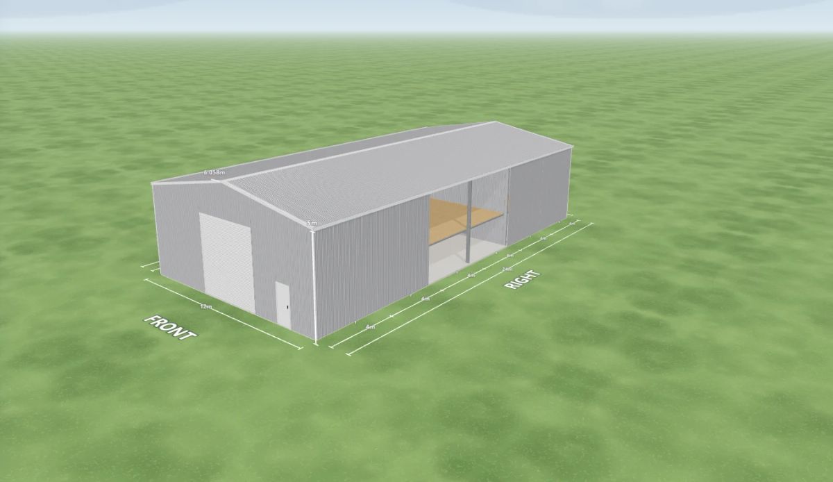 Shearing shed 12 m wide by 24 m long with 5 m walls, one Zincalume roller door 3.9 m wide and one PA door on the front, two open bays on the right side and four mezzanine floors, Zincalume walls and a Zincalume gable roof, shown in the Shed Designer 3D configurator.