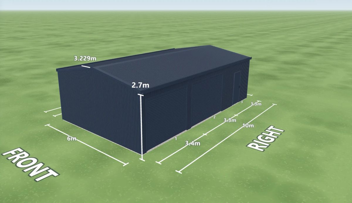 Deep Ocean shed 6 m wide by 10 m long with 2.7 m walls, two Deep Ocean roller doors and one PA door on the right side, Deep Ocean walls and a Deep Ocean gable roof, shown in the Shed Designer 3D configurator.