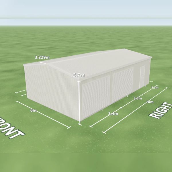Surfmist shed in Surfmist and Surfmist, two Surfmist roller doors and one PA door on the right side, on a 6 by 10 metre slab.