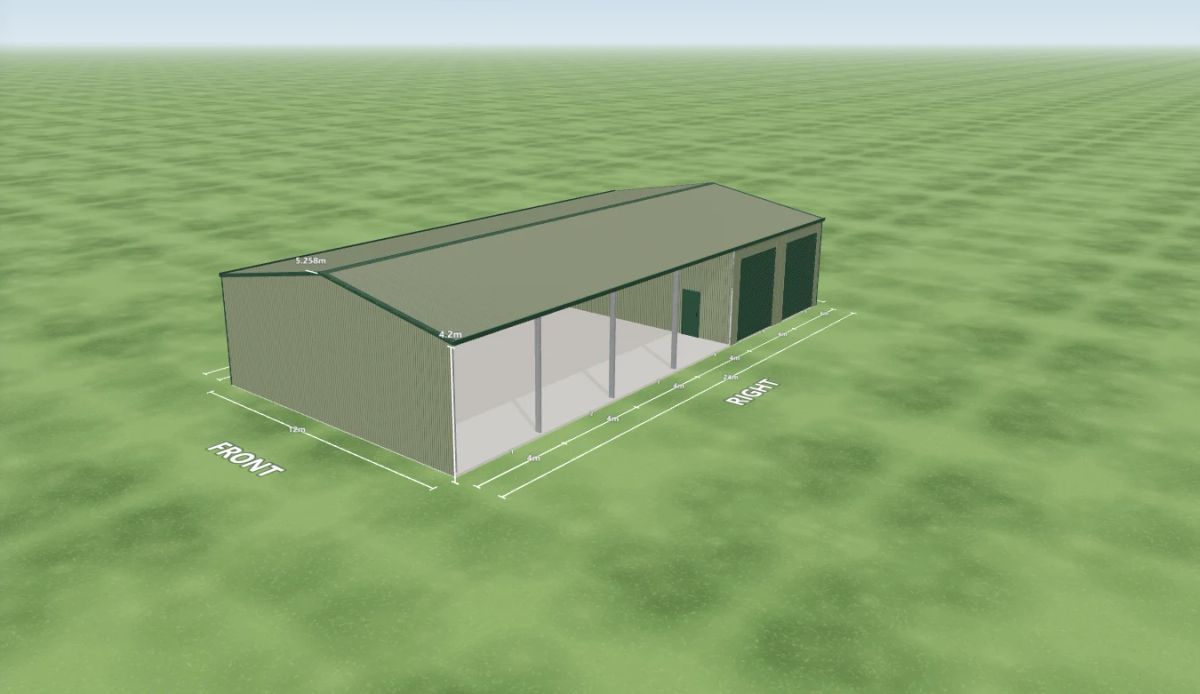 Machinery shed 12 m wide by 24 m long with 4.2 m walls, two Cottage Green roller doors 3 m wide on the right side, one PA door on the internal wall and four open bays on the right side, Pale Eucalypt walls and a Pale Eucalypt gable roof, shown in the Shed Designer 3D configurator.