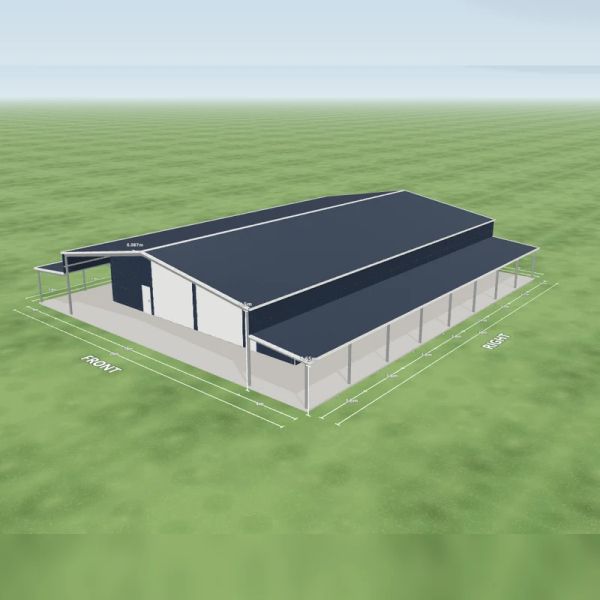 Dairy shed in Deep Ocean and Deep Ocean, two Dover White roller doors 4.2 m wide and two PA doors on the internal wall, a 4 m open awning down the left side, a 4 m open awning down the right side, an open front end and an open rear end, on a 18 by 30 metre slab.