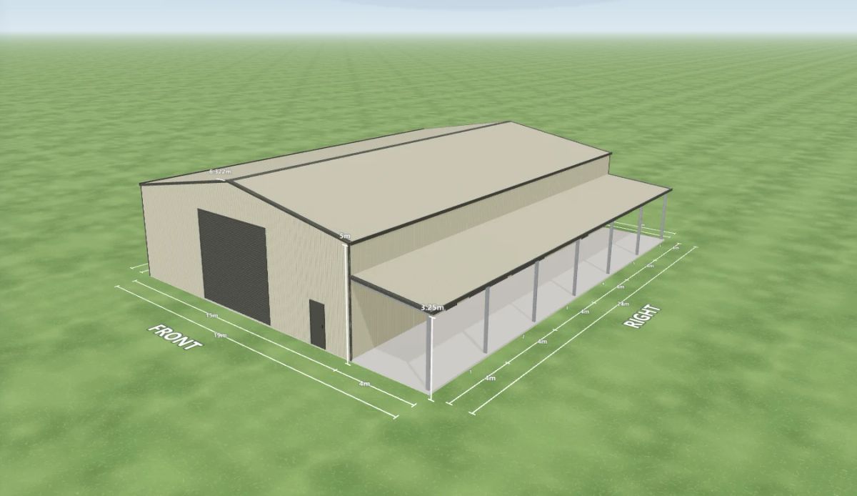 Warehouse shed 15 m wide by 24 m long with 5 m walls, two Woodland Grey roller doors 3.6 m wide, two PA doors and two windows on the right side, one Woodland Grey roller door 5 m wide and one PA door on the front, one PA door on the left side and a 4 m open awning down the right side, Evening Haze walls and an Evening Haze gable roof, shown in the Shed Designer 3D configurator.