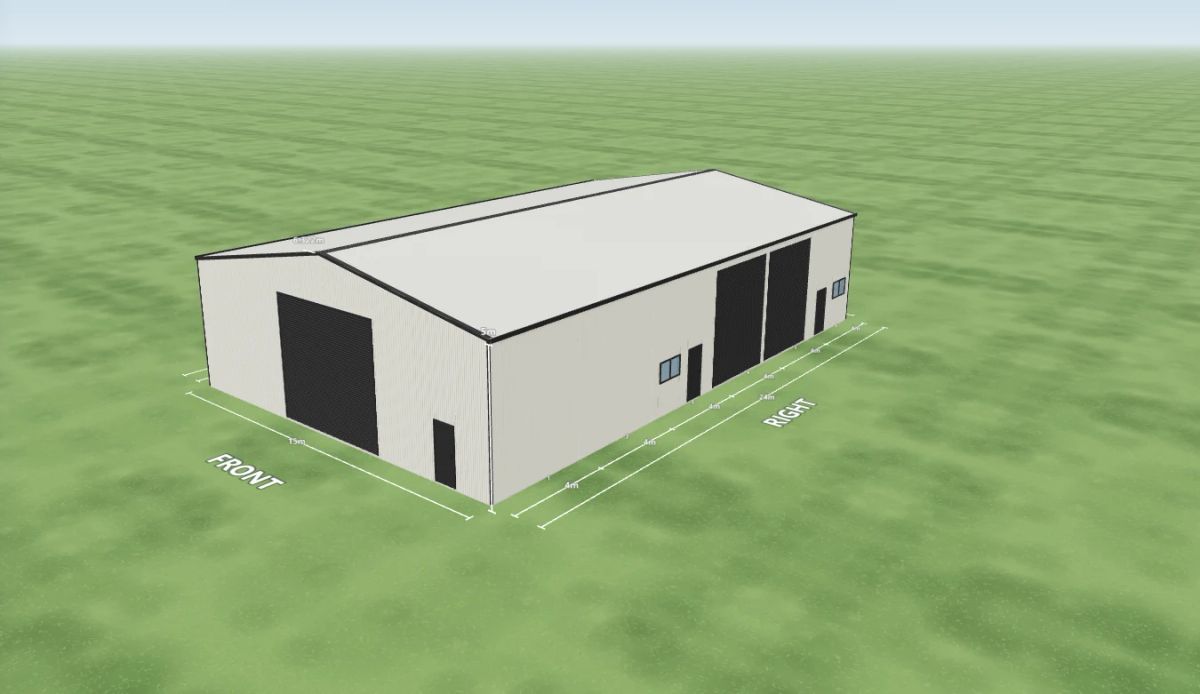 Factory shed 15 m wide by 24 m long with 5 m walls, two Monument roller doors, two PA doors and two windows on the right side, one Monument roller door 5 m wide and one PA door on the front and one PA door on the left side, Surfmist walls and a Dover White gable roof, shown in the Shed Designer 3D configurator.