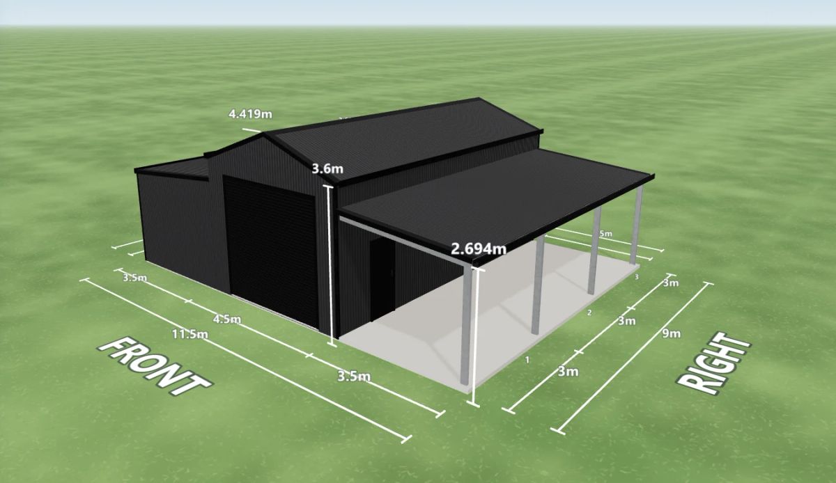 Campervan shed 4.5 m wide by 9 m long with 3.6 m walls, one Night Sky roller door 3.3 m wide on the front, one PA door on the right side, a 3.5 m enclosed awning down the left side and a 3.5 m open awning down the right side, Monument walls and a Monument American barn roof, shown in the Shed Designer 3D configurator.