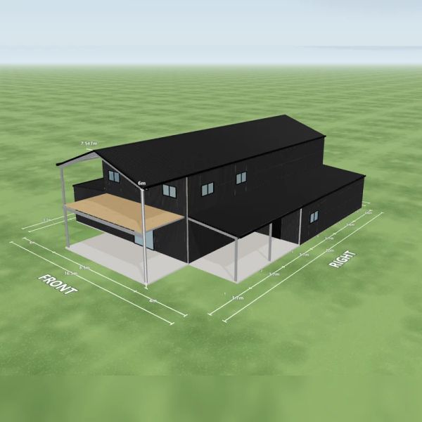 Shed house in Monument and Night Sky, one sliding door, one PA door and three windows on the internal wall, three windows on the right side, a 4 m enclosed awning over five bays down the left side, a 4 m enclosed awning over five bays down the right side, an open front end and five mezzanine floors, on a 8.5 by 22 metre slab.