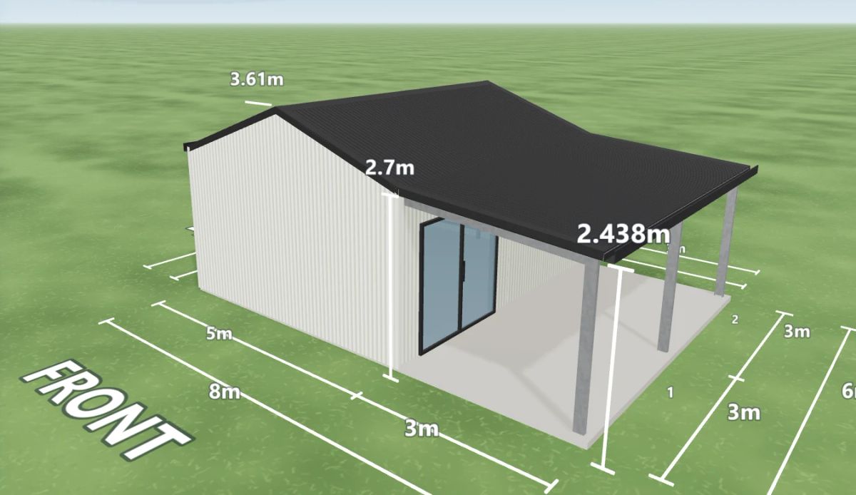 She shed 5 m wide by 6 m long with 2.7 m walls, one sliding door and one window on the right side, one PA door on the left side and a 3 m open awning down the right side, Dover White walls and a Monument gable roof, shown in the Shed Designer 3D configurator.