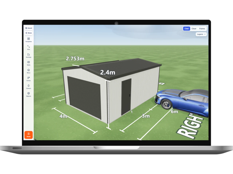 Laptop showing the Shed Designer 3D configurator with a car garage 4 m wide by 6 m long with 2.4 m walls, one Woodland Grey roller door 3 m wide on the front, one PA door on the rear and one PA door on the right side, Dover White walls and a Woodland Grey gable roof.