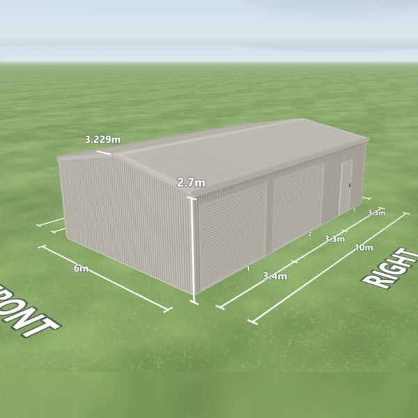Dune shed in Dune and Dune, two Dune roller doors and one PA door on the right side, on a 6 by 10 metre slab.