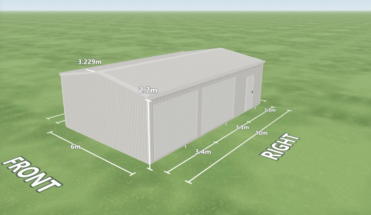 Southerly shed 6 m wide by 10 m long with 2.7 m walls, two Southerly roller doors and one PA door on the right side, Southerly walls and a Southerly gable roof, shown in the Shed Designer 3D configurator.