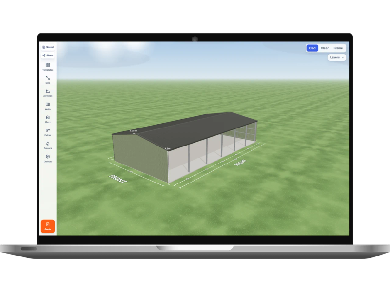 Laptop showing the Shed Designer 3D configurator with a hay shed 12 m wide by 24 m long with 4.2 m walls, six open bays on the right side, Pale Eucalypt walls and a Woodland Grey gable roof.