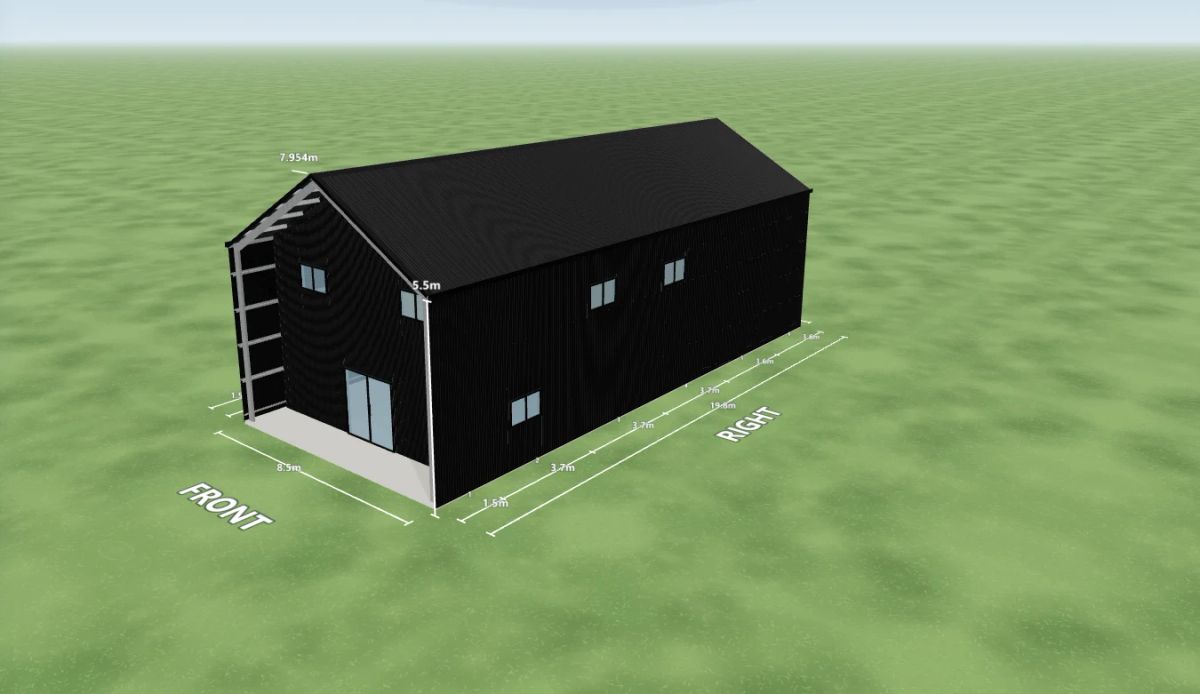 Shouse 8.5 m wide by 19.8 m long with 5.5 m walls, one sliding door and two windows on the internal wall, three windows on the right side, an open front end and five mezzanine floors, Night Sky walls and a Night Sky gable roof, shown in the Shed Designer 3D configurator.