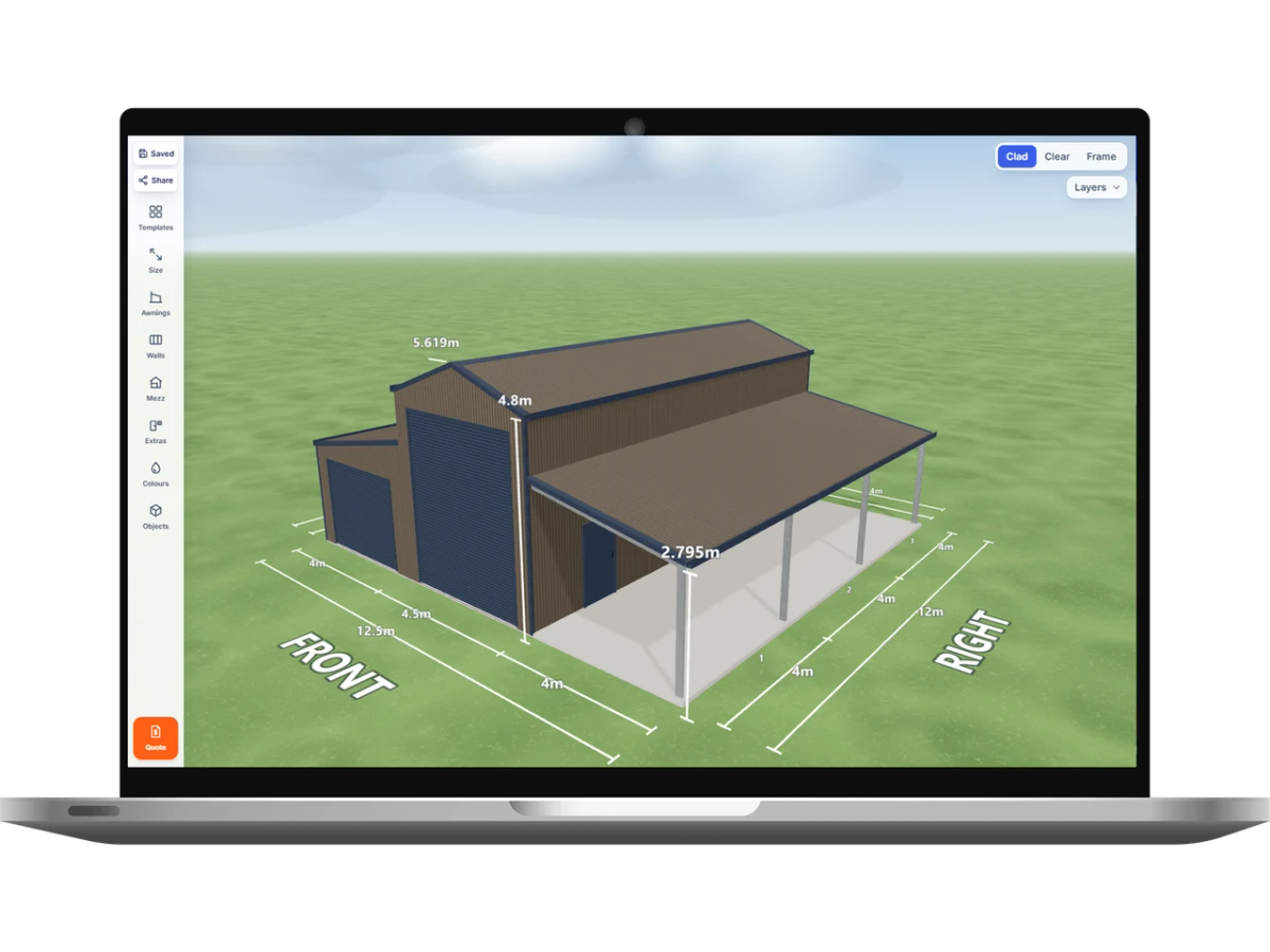 Laptop showing the Shed Designer 3D configurator with a horse float storage 4.5 m wide by 12 m long with 4.8 m walls, one Deep Ocean roller door 3.6 m wide on the front, one Deep Ocean roller door 3 m wide on the left awning end, one PA door on the left side, three PA doors on the right side, a 4 m enclosed awning down the left side and a 4 m open awning down the right side, Jasper walls and a Jasper American barn roof.
