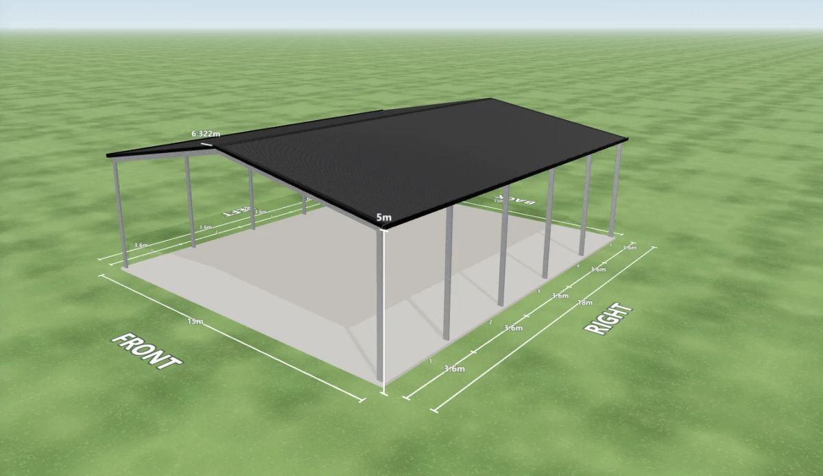 Covers and shelter 15 m wide by 18 m long with 5 m walls, an open front end, an open rear end, five open bays on the left side and five open bays on the right side, Woodland Grey walls and a Monument gable roof, shown in the Shed Designer 3D configurator.