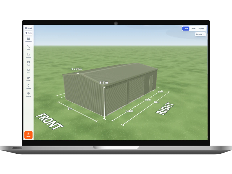 Laptop showing the Shed Designer 3D configurator with a Pale Eucalypt shed 6 m wide by 10 m long with 2.7 m walls, two Pale Eucalypt roller doors and one PA door on the right side, Pale Eucalypt walls and a Pale Eucalypt gable roof.