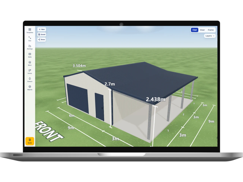 Laptop showing the Shed Designer 3D configurator with a garage with awning 6 m wide by 9 m long with 2.7 m walls, one Deep Ocean roller door and a PA door on the front gable end and a 3 m open skillion awning down the right side, Surfmist walls and a Deep Ocean roof.