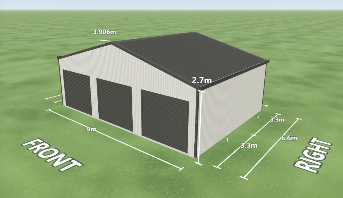 Triple garage 9 m wide by 6.6 m long with 2.7 m walls, three Woodland Grey roller doors 2.4 m wide on the front and one PA door on the rear, Surfmist walls and a Woodland Grey gable roof, shown in the Shed Designer 3D configurator.